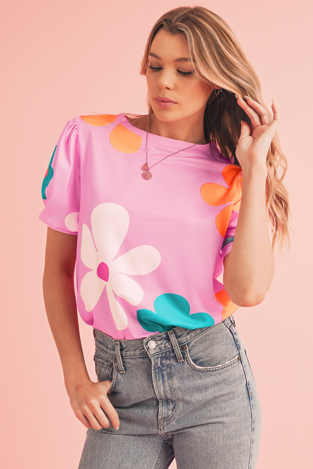 Sky Blue Colorful Flower Print Bubble Sleeve Tee