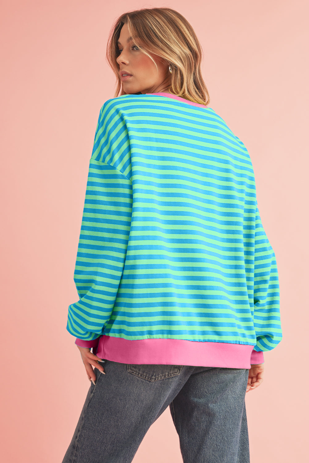 Green Stripe Contrast Edge Oversized Sweatshirt