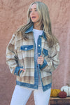 And The Why Full Size Washed Denim Detail Brushed Plaid Jacket - Cocoa Yacht Club