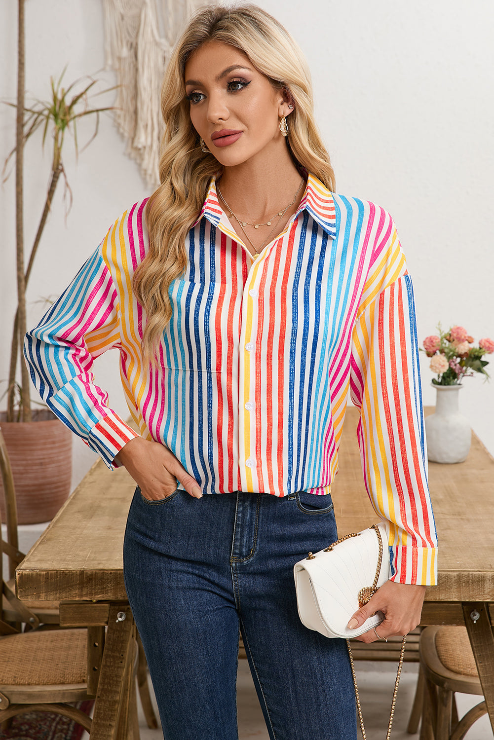 Colorful Striped Patch Pocket Long Sleeve Shirt