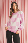 Pink Checked Bishop Sleeve Pullover Sweater