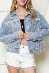 Blue Sequined Fringe Distressed Button Up Denim Jacket