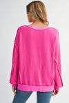 Strawberry Pink Twisted Ribbed Seamed Patchwork Long Sleeve Top