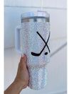 Silvery 40Oz Hockey Game Day Rhinestone Tumbler with Handle