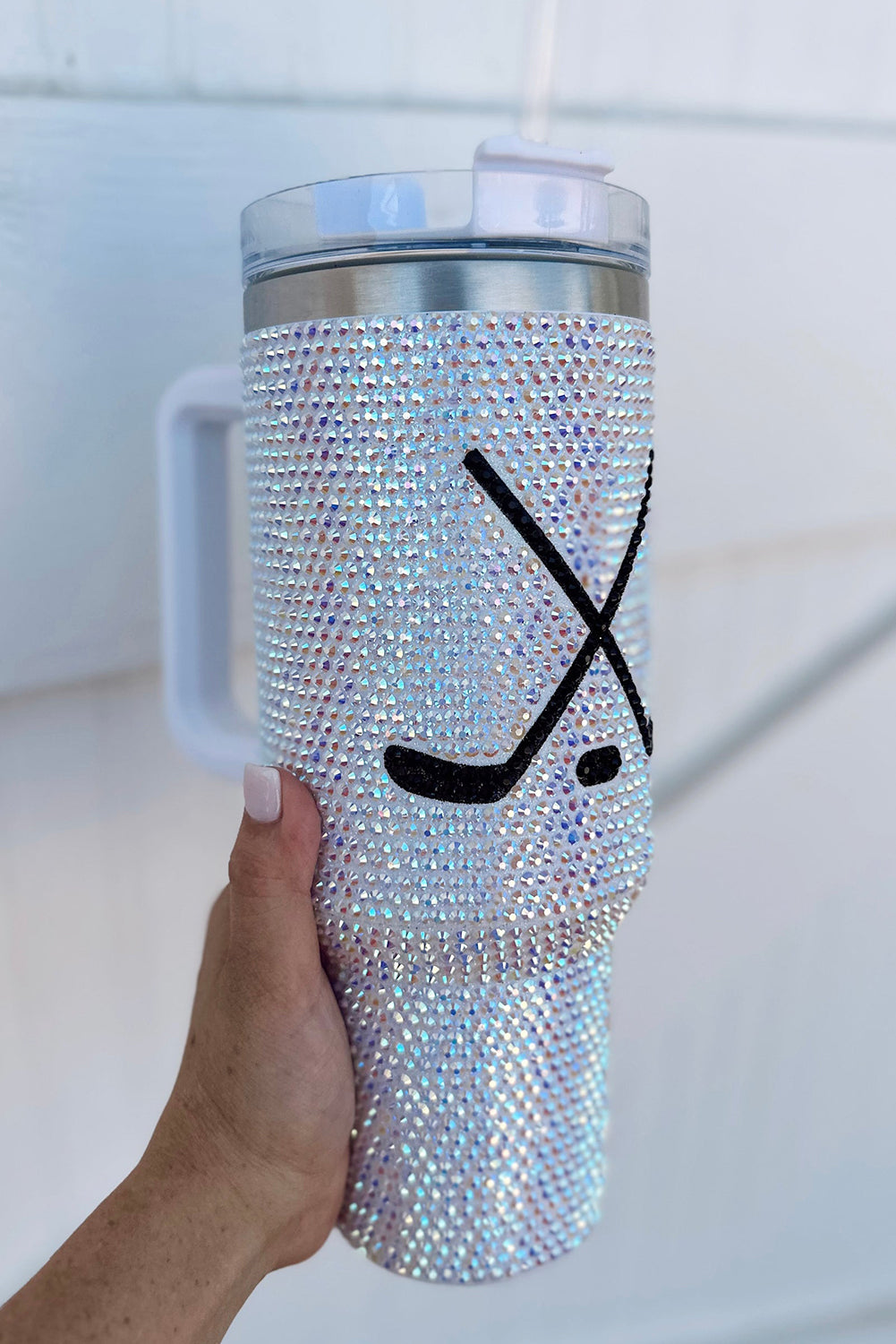 Silvery 40Oz Hockey Game Day Rhinestone Tumbler with Handle