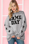 Black Lettering Game Day Print Star Sleeve Sweatshirt