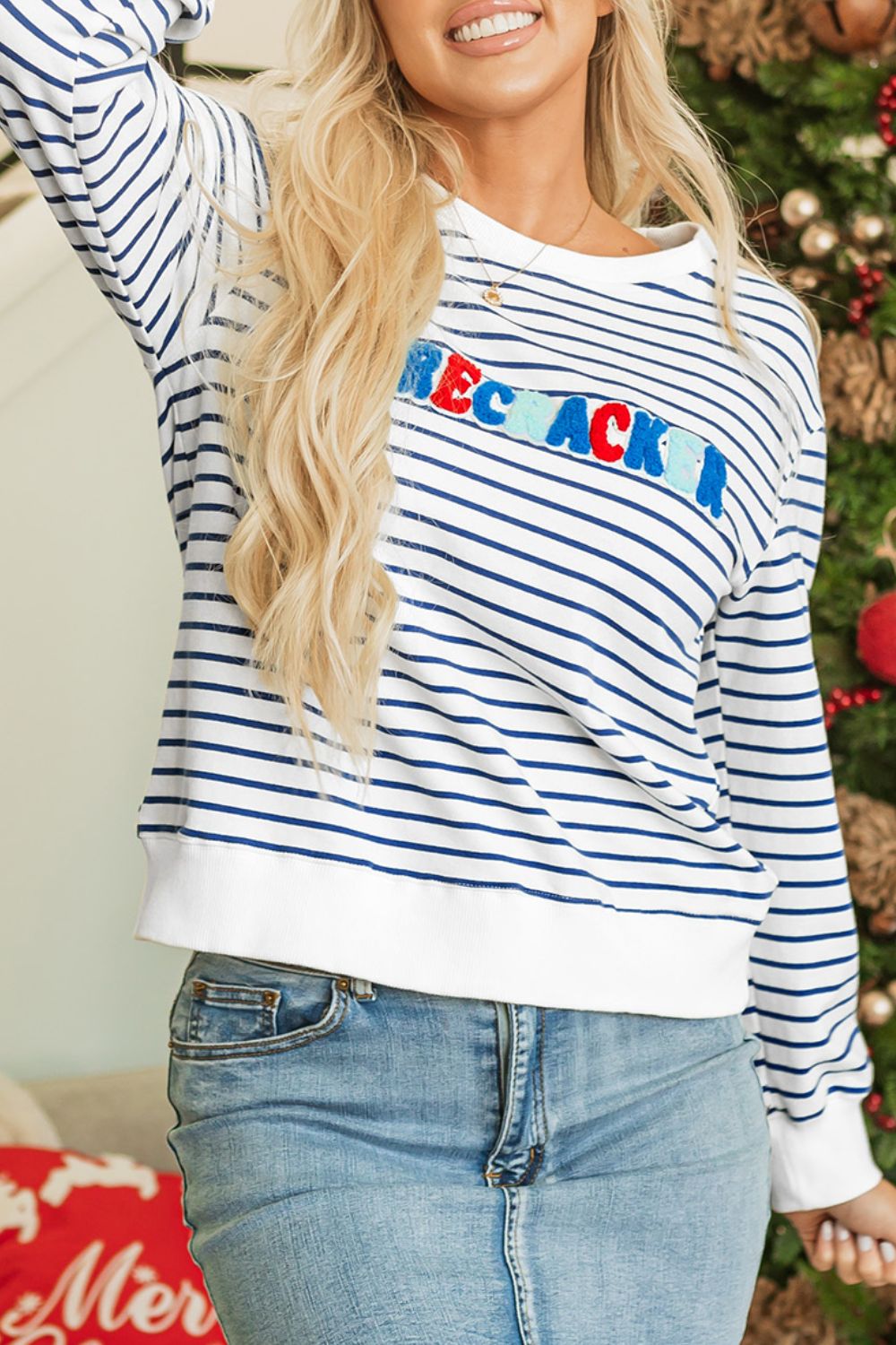 FIRECRACKER Striped Round Neck Long Sleeve Sweatshirt