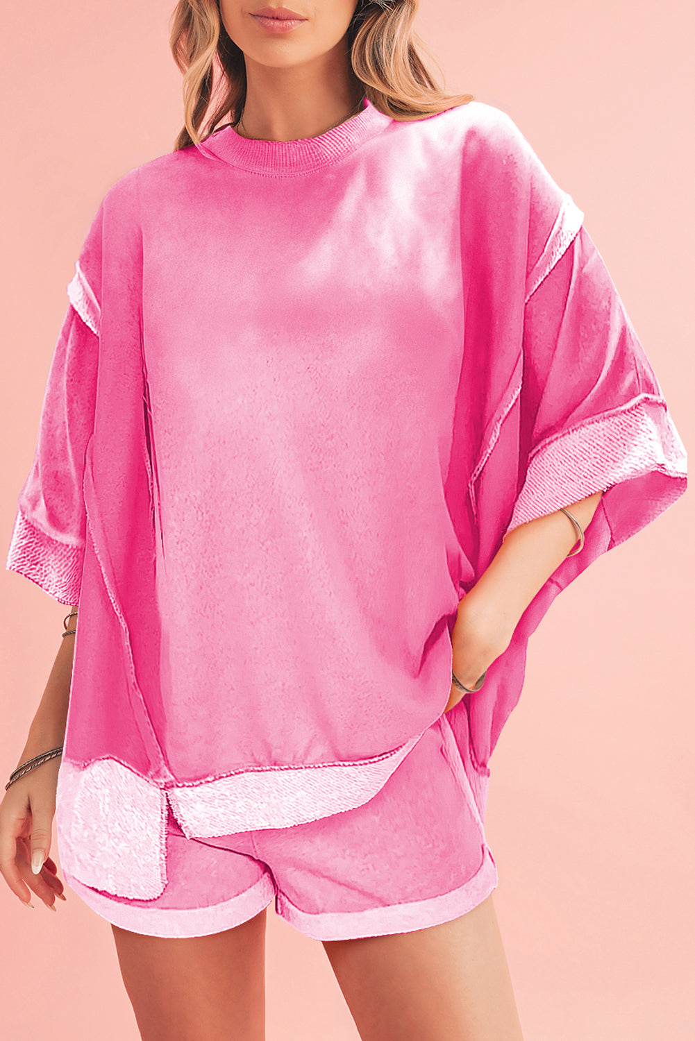 Sachet Pink Terry Cloth Patchwork Oversized Top & Shorts Set