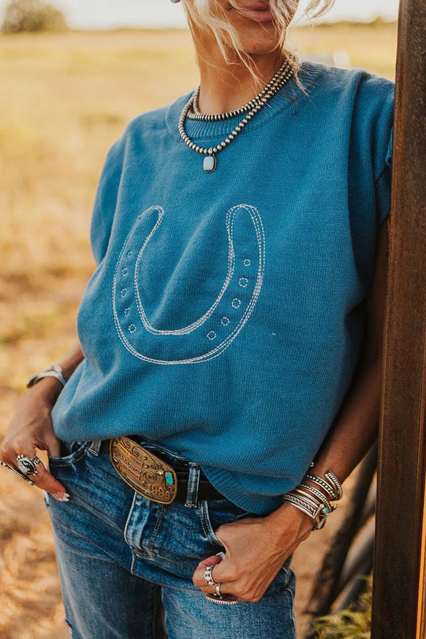 Light Blue Horseshoe Embroidered Loose Short Sleeve Sweater