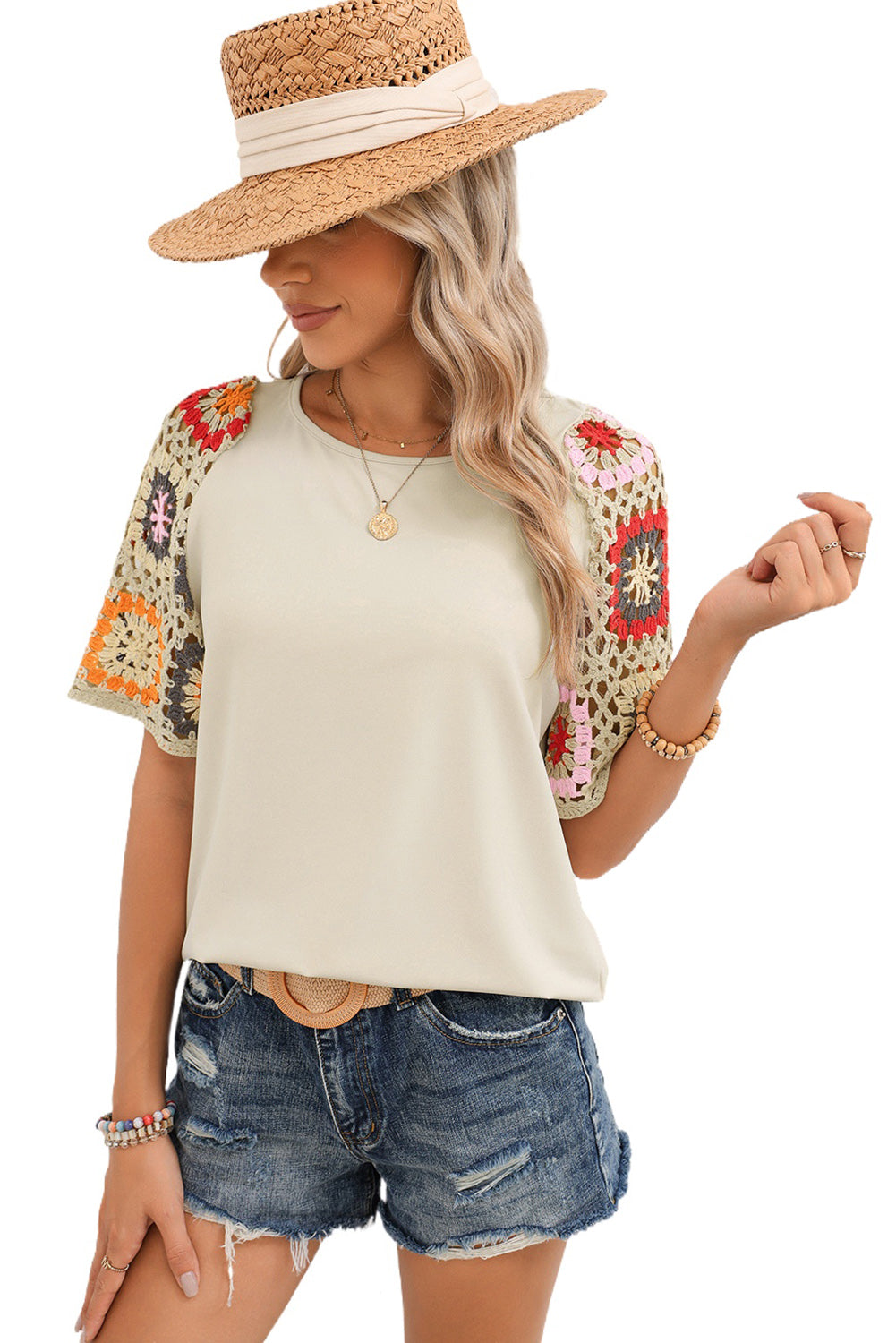 White Floral Hollowed Crochet Sleeve Boho T Shirt