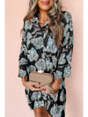 Black Floral Print Lapel Collar Loose Shirt Mini Dress