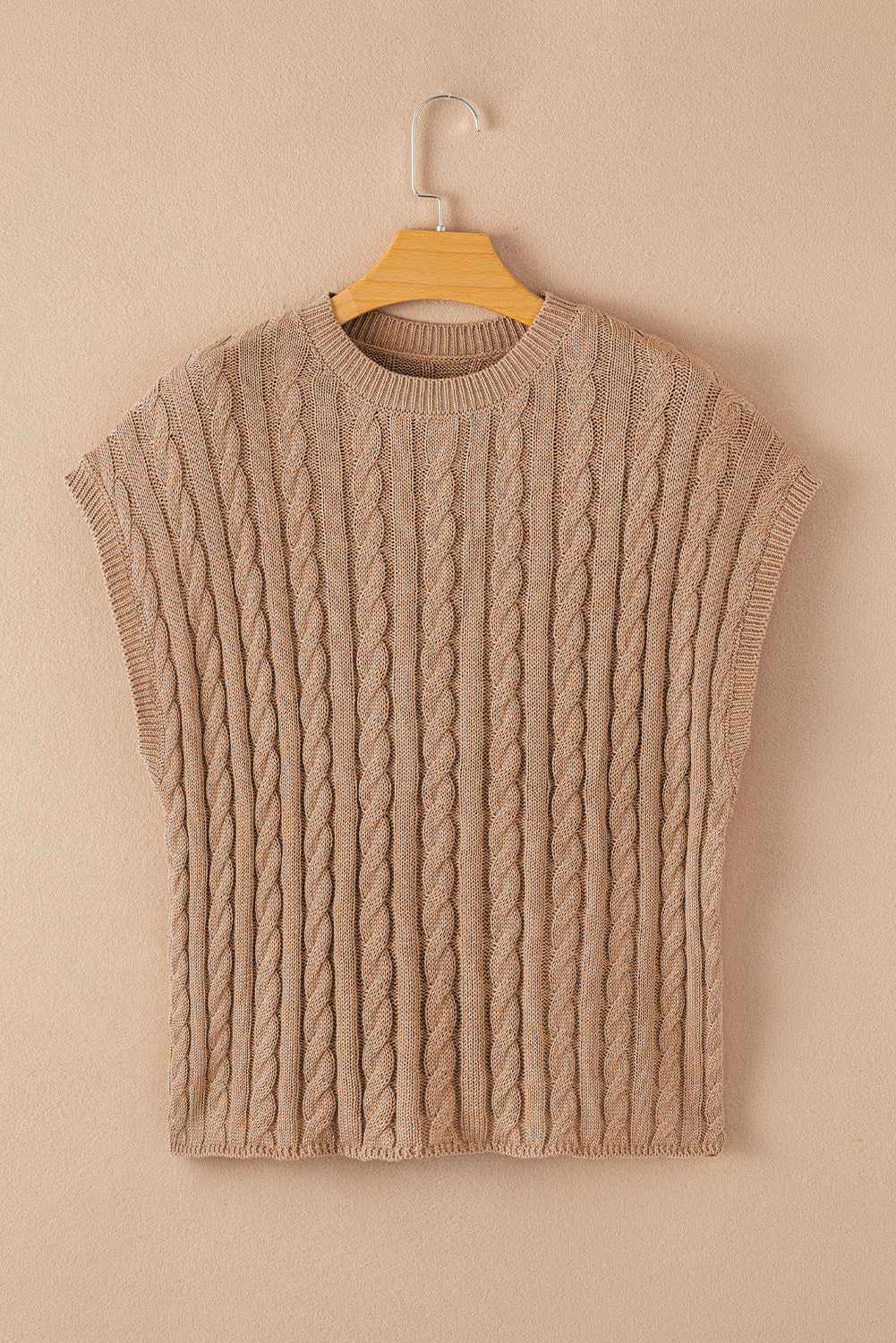 Flaxen Solid Color Cable Knit Short Sleeve Sweater