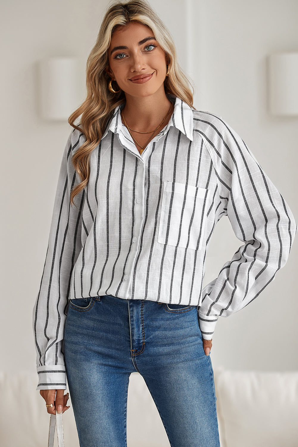 Black Stripe Chest Pocket Buttoned Oversized Shirt