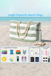 Grass Green Striped Rope Handle Canvas Large Tote Bag