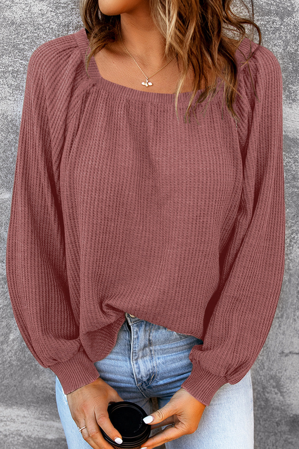 Brown Waffle Texture Casual Square Neck Pullover Top