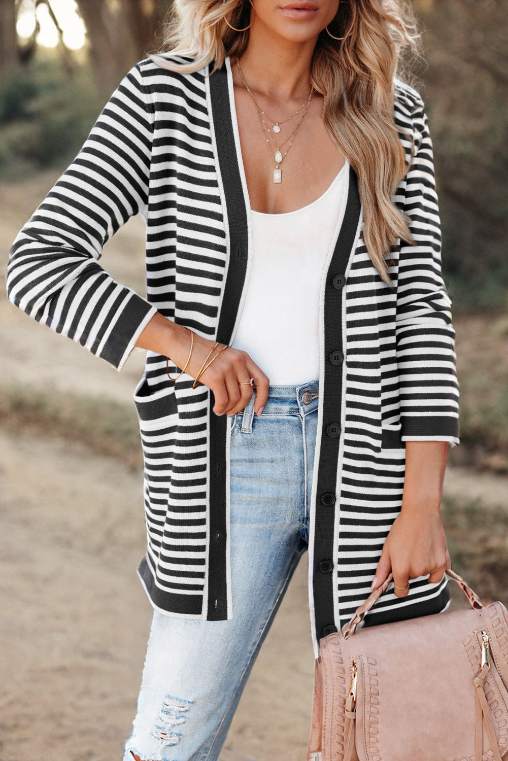 Black Striped Pocketed Button Long Cardigan