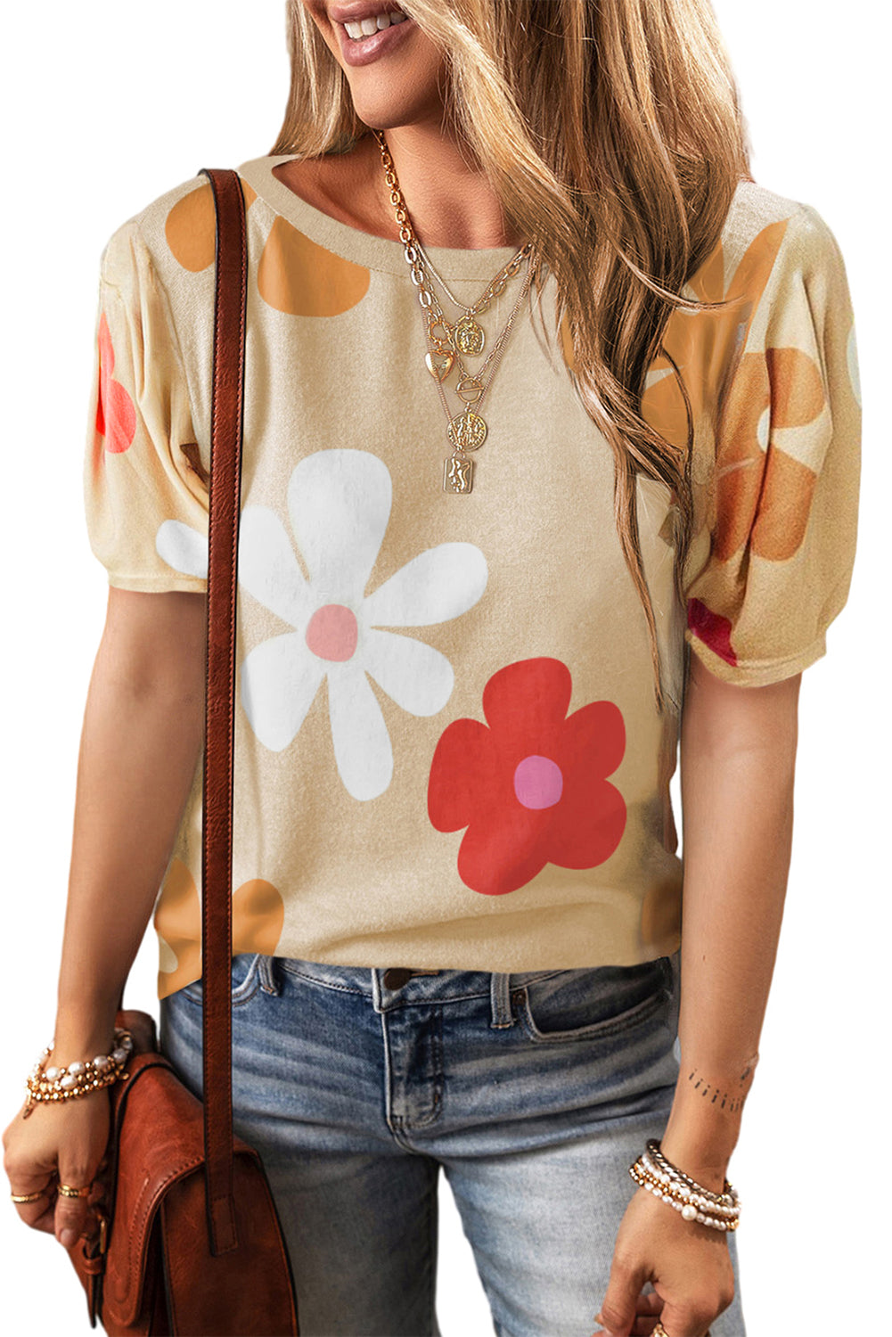 Sky Blue Colorful Flower Print Bubble Sleeve Tee