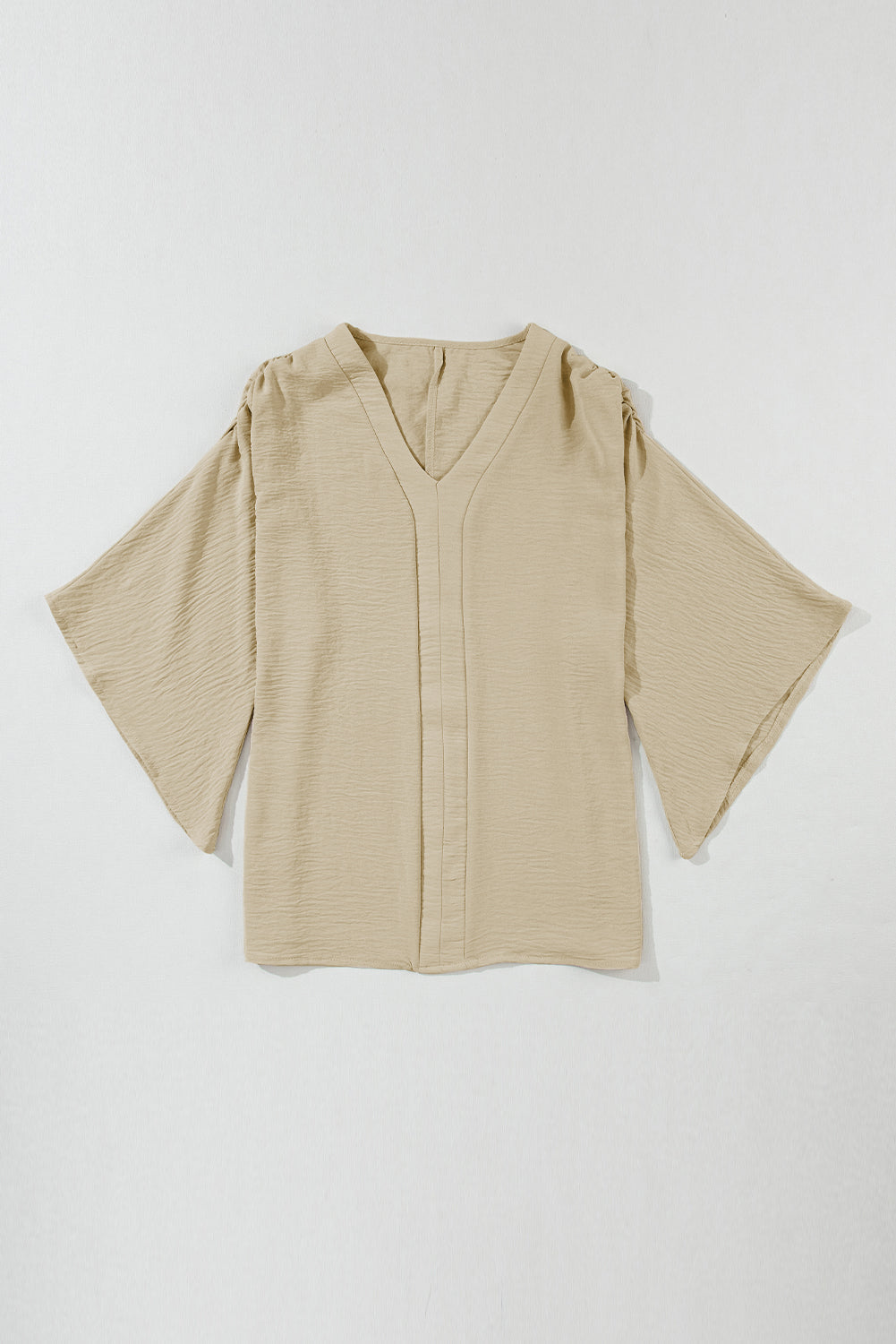 Parchment Solid Color Crinkled V Neck Ruffled Sleeve Blouse