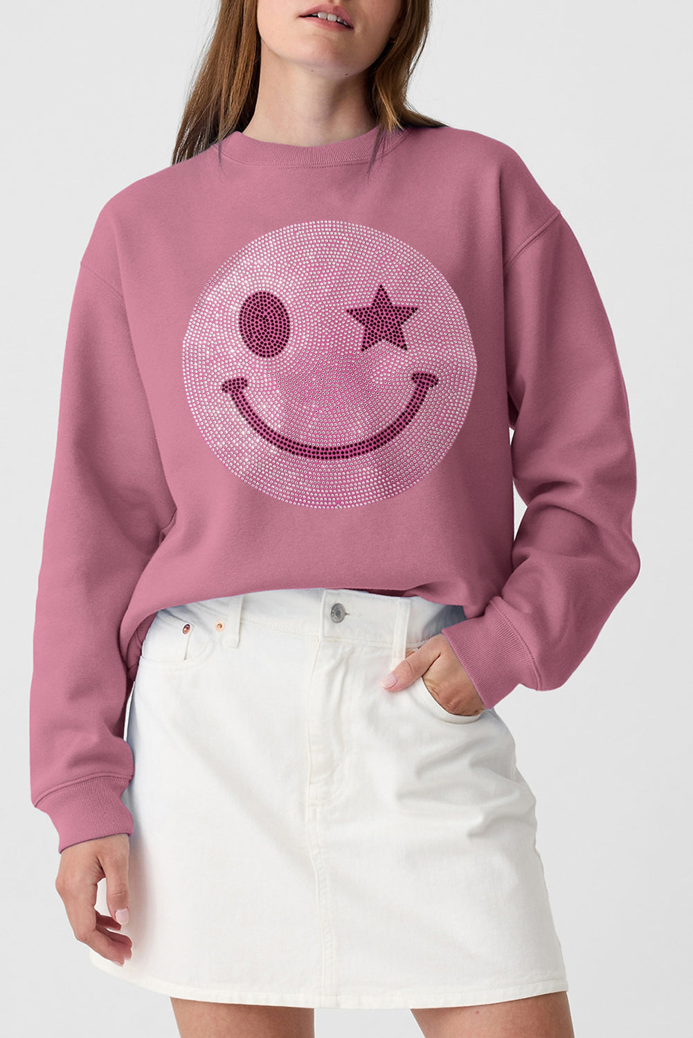 Valerian Rhinestoned Smile Graphic Crew Neck Sweatshirt