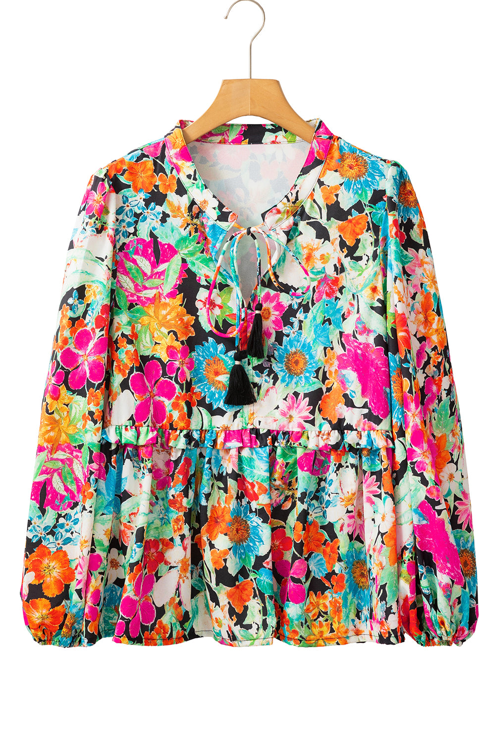 Multicolour Boho Floral V Neck Lantern Sleeve Blouse