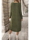 Ribbed Curved Hem Round Neck Long Sleeve Dress