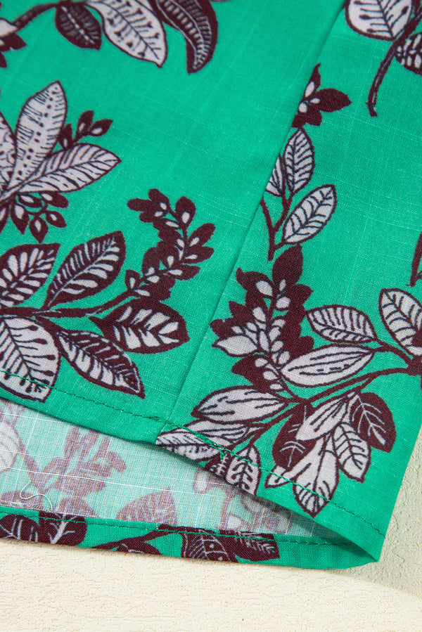 Green Leaves Print Contrast Trim V Neck Shirred Puff Sleeve Blouse