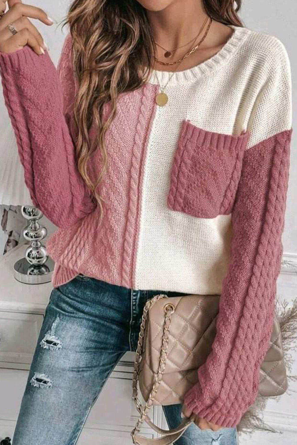 Rose Tan Colorblock Pocket Drop Shoulder Sweater