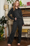 Black Ribbed Henley Shirt and Wide Leg Pants Loungewear Set