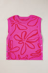 Bright Pink Side Buttons Sleeveless Floral Knitted Top