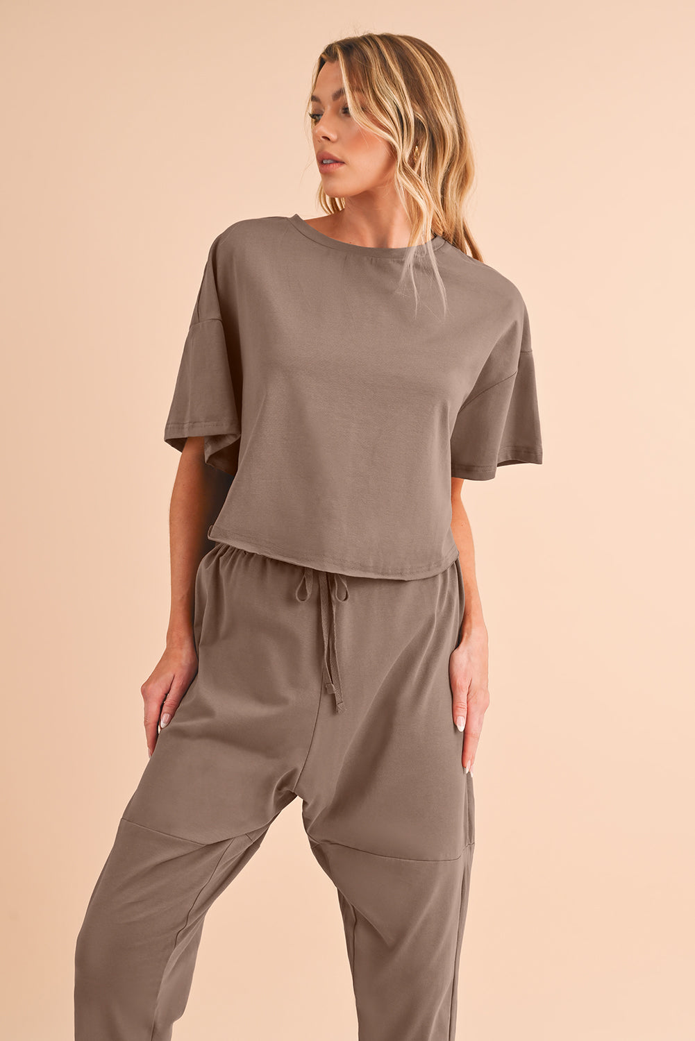 Taupe Batwing Sleeve High Low Tee and Drawstring Crop Pants Set