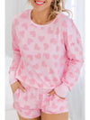 Black Heart Shape Print Long Sleeve Top and Shorts Loungewear Set