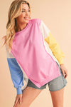 Bonbon Color Block Exposed Seam Patchwork Side Slits Sweatshirt