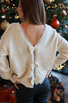 White Round Neck Lace Trim Bow Back Knit Sweater