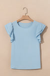 Mist Blue Solid Color Ruffle Sleeve Crinkled Blouse