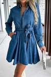 Tied Half Button Long Sleeve Denim Dress - Cocoa Yacht Club