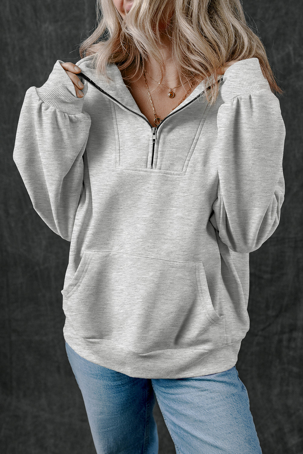 Black Zip-up Stand Neck Kangaroo Pocket Sweatshirt