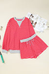 Red Striped Drop Shoulder Baggy Pullover and Shorts Casual Set