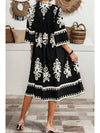 Black Print 3/4 Sleeve Loose Midi Dress