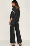 Navy Blue Loose Contrast Trim Half Sleeve Top and Drawstring Pants Set
