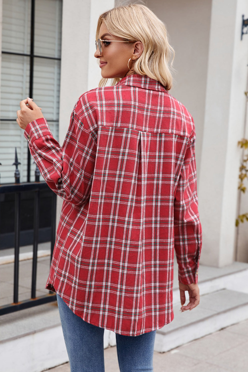 Green Plaid Chest Pocket Button Front Shirt