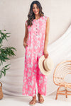 Pink Floral Print Sleeveless Wide Leg Jumpsuit