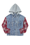 Beau Blue Plaid Print Patchwork Hooded Raw Hem Denim Jacket