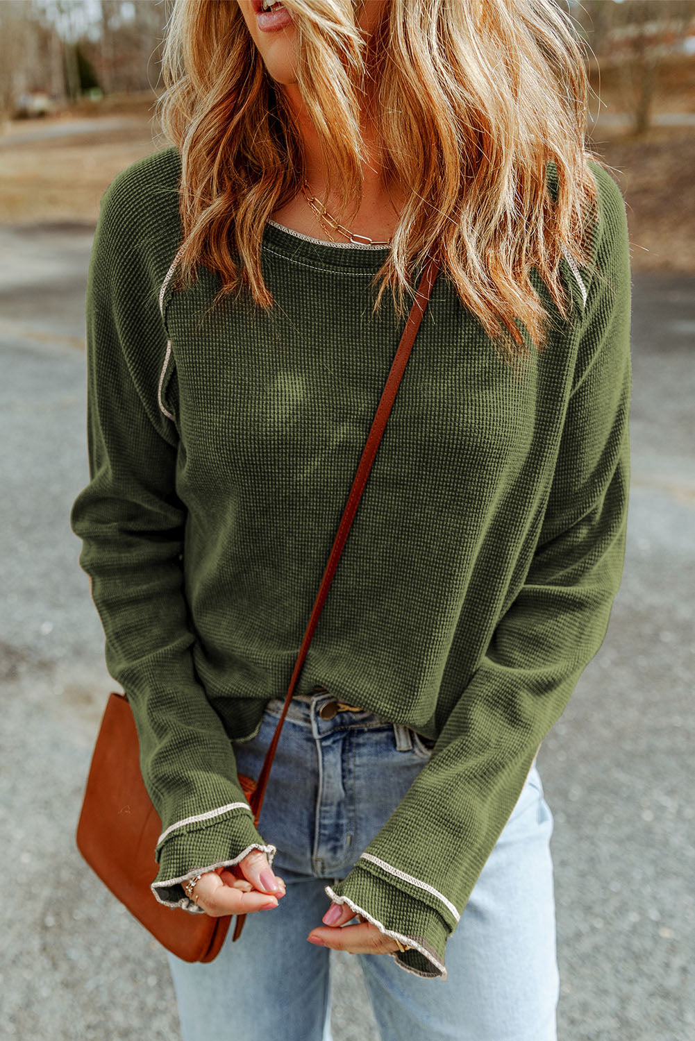 Brown Textured Crewneck Long Sleeve Top