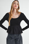 Black Pleated Hem Long Sleeve Ribbed Knit Top