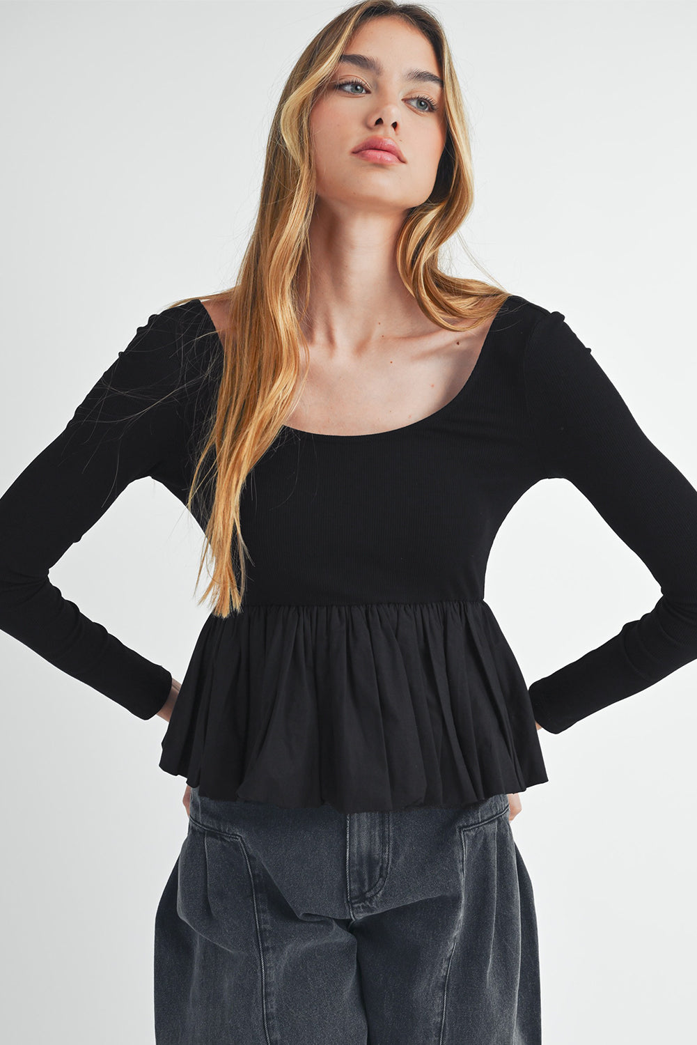 Black Pleated Hem Long Sleeve Ribbed Knit Top