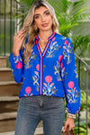 Blue Floral Print Pop Of Color V Neck Puff Sleeve Blouse