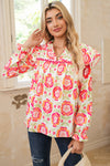 Rose Floral V Neck Ricrac Trim Ruffle Long Sleeve Blouse