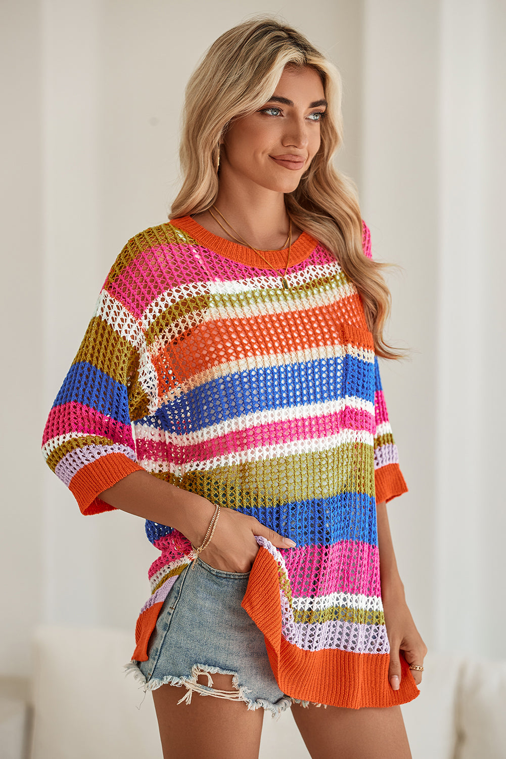 Pink Striped Color Block Hollow Crochet 3/4 Sleeve T Shirt