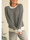 Coffee Stripe Contrast Edge Crew Neck Drop Shoulder Sweater