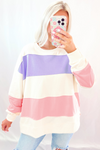 Beige Colorblock Patchwork Drop Shoulder Crewneck Sweatshirt